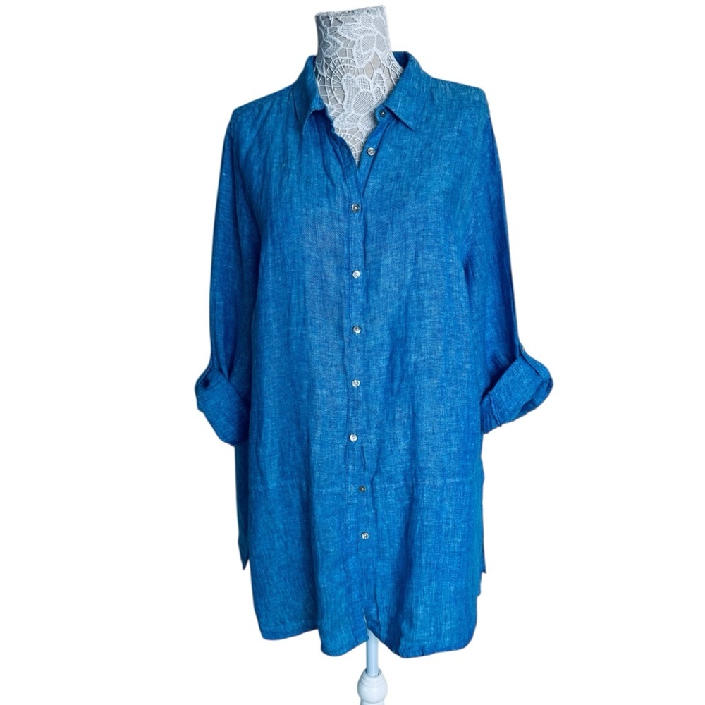 Tahari Blue Linen Tunic Top Pearl Buttons Collared Roll Up/Down Sleeve size 2X